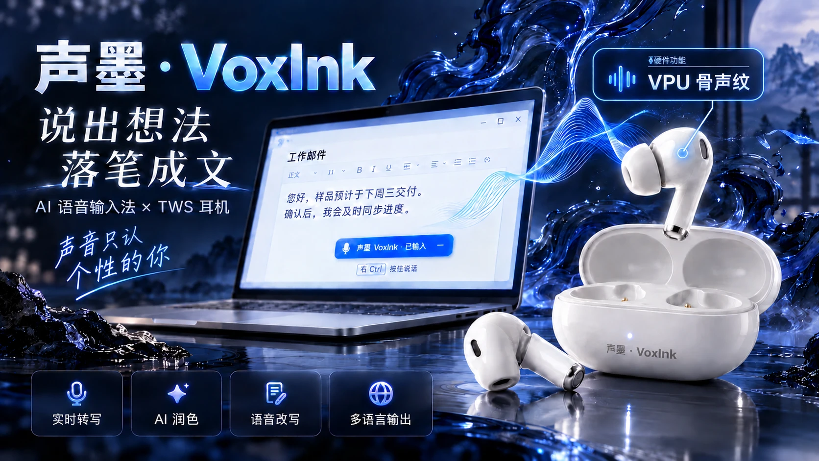 声墨 · VoxInk 产品概念展示：笔记本上正在写入邮件正文，右侧是 TWS 耳机与充电仓，下方四个能力标签
