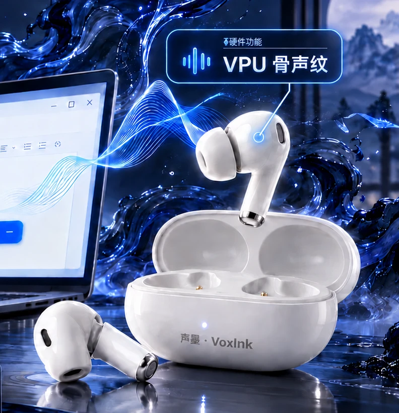 TWS 耳机与充电仓,标注 VPU 骨声纹硬件功能